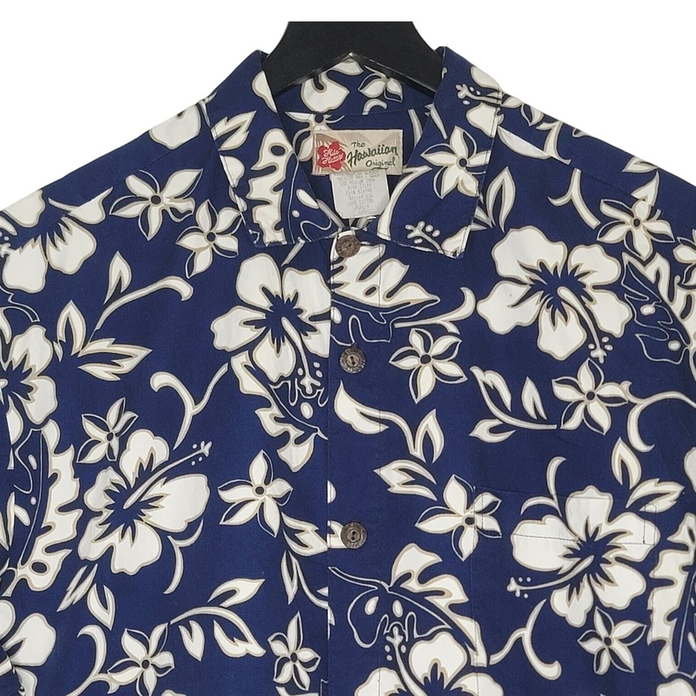 Hilo Hattie Hawaiian Original Shirt L Blue Short Sleeve Button Up Aloha Vacation